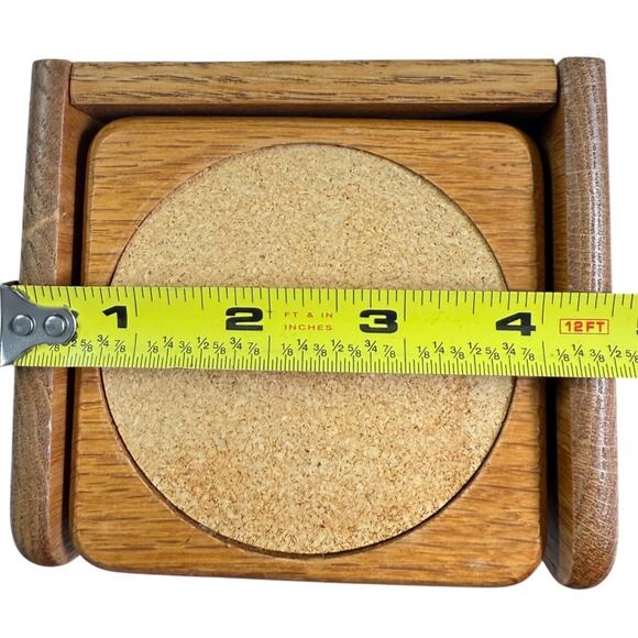 Set Of 6 Wooden Coasters With Cork Insert Matching Holder Vintage 80s Golden Oak - Picture 5 of 12